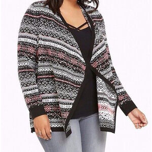 Torrid 0 Large Black White Pink Fair Aisle Long Sleeve Open Cardigan